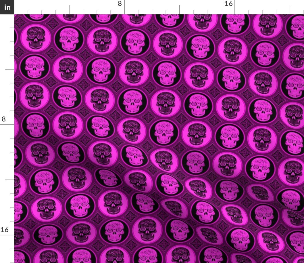 Small Bright Pink and Black Skulls Calaveras Day of the Dead Dia de los Muertos Fabric