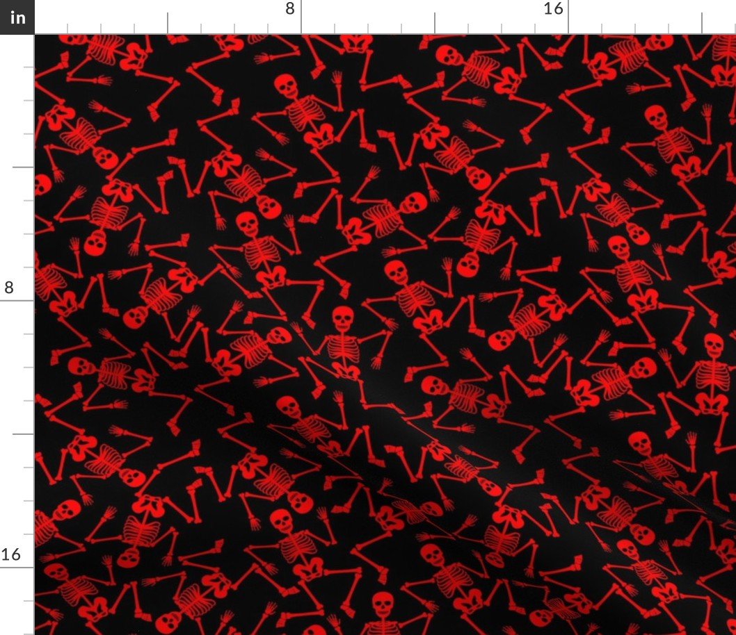 Small Bright Red Dancing Halloween Skeletons Scattered On Black Fabric Small Bright Red Dancing Halloween Skeletons Scattered On Black Fabric