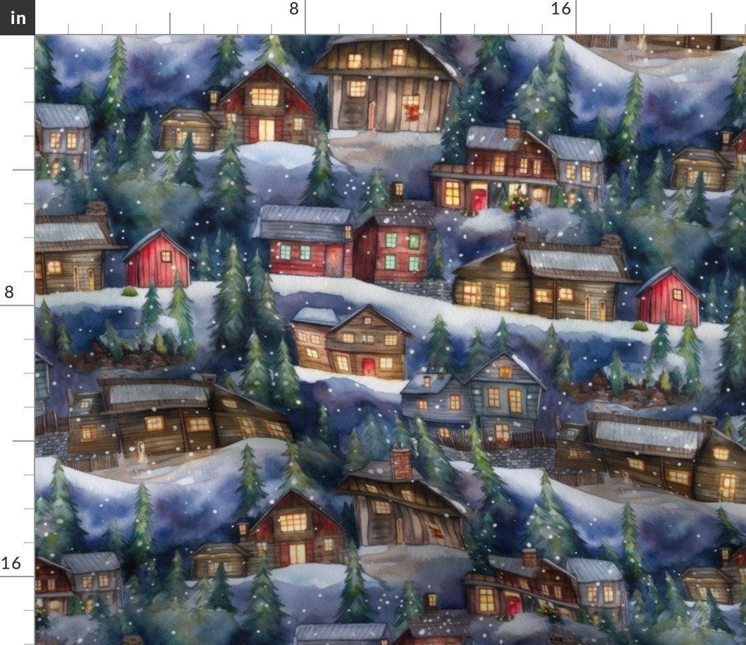 Small Christmas Christmas Rustic Village Winter Cabins Watercolor Fabric Small Christmas Christmas Rustic Village Winter Cabins Watercolor Fabric