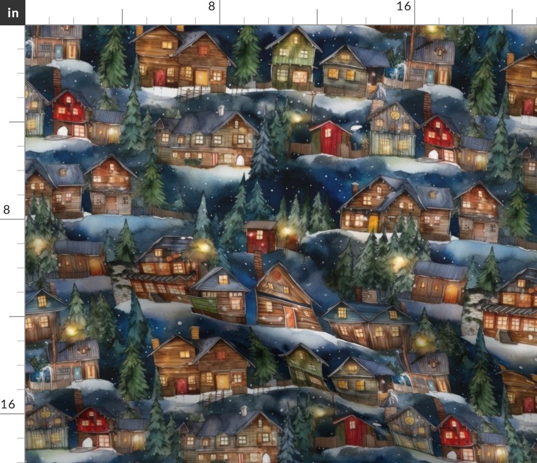 Small Christmas Christmas Rustic Winter Mountainside Cabins Watercolor Fabric