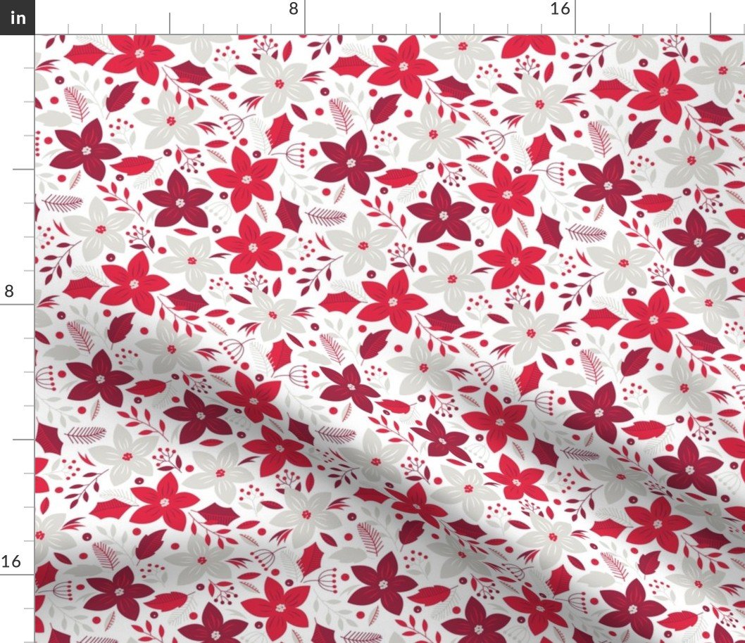 Small Christmas Red and Pale Silver Poinsettias and Holly Repeat on Snow White Fabric