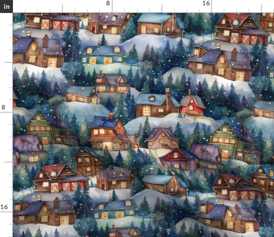 Small Christmas Rustic Country Winter Cabins Watercolor Fabric