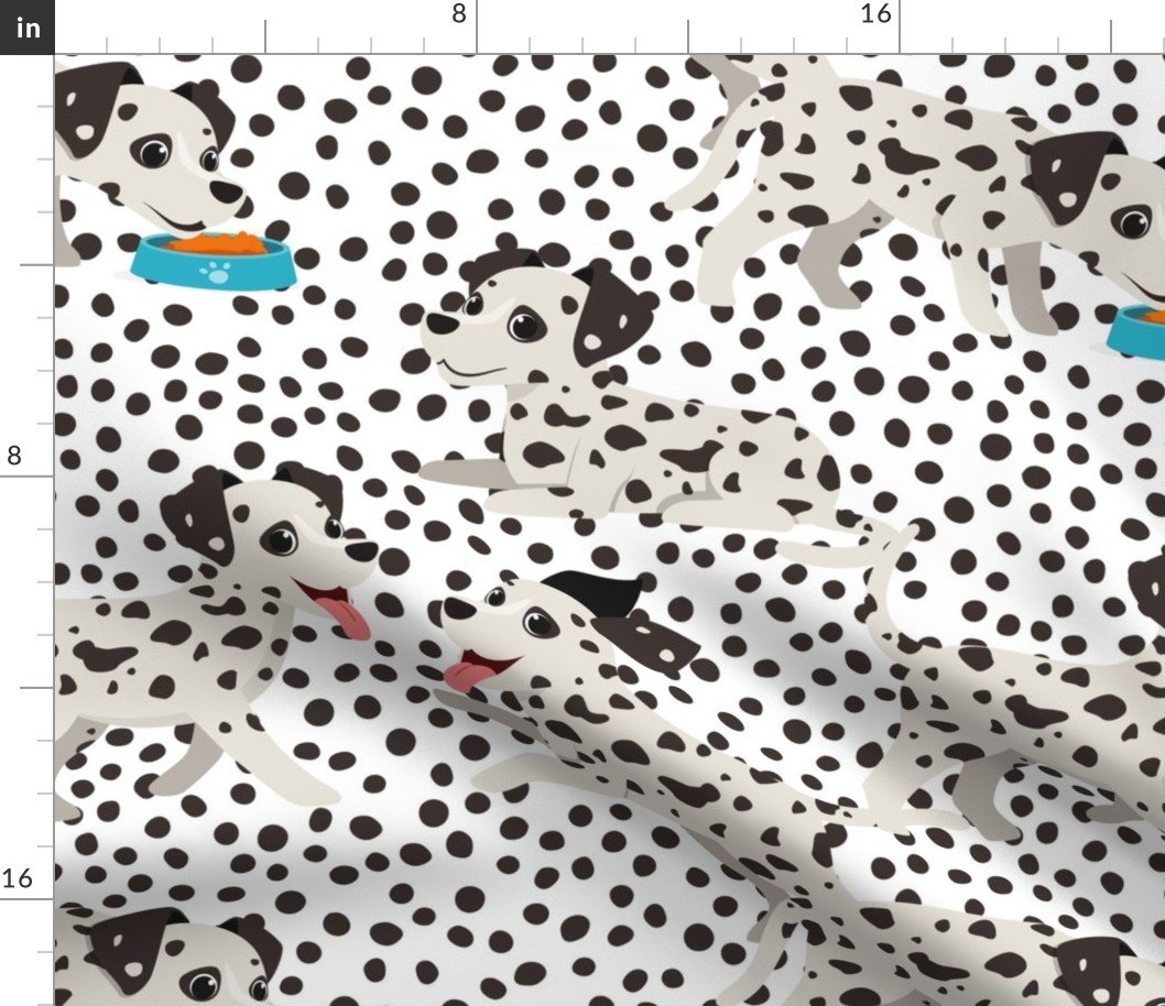 Small Dalmation Pups with Black and White Spotted Fur Playing on Black Spotted Background Fabric Small Dalmation Pups with Black and White Spotted Fur Playing on Black Spotted Background Fabric