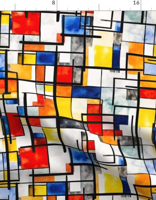 Small De Stijl Geometric Primary Color Pattern in Watercolor Fabric