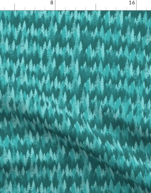 Small Endless Evergreen Forest with Fir Trees in Shades of Aqua Blue Fabric