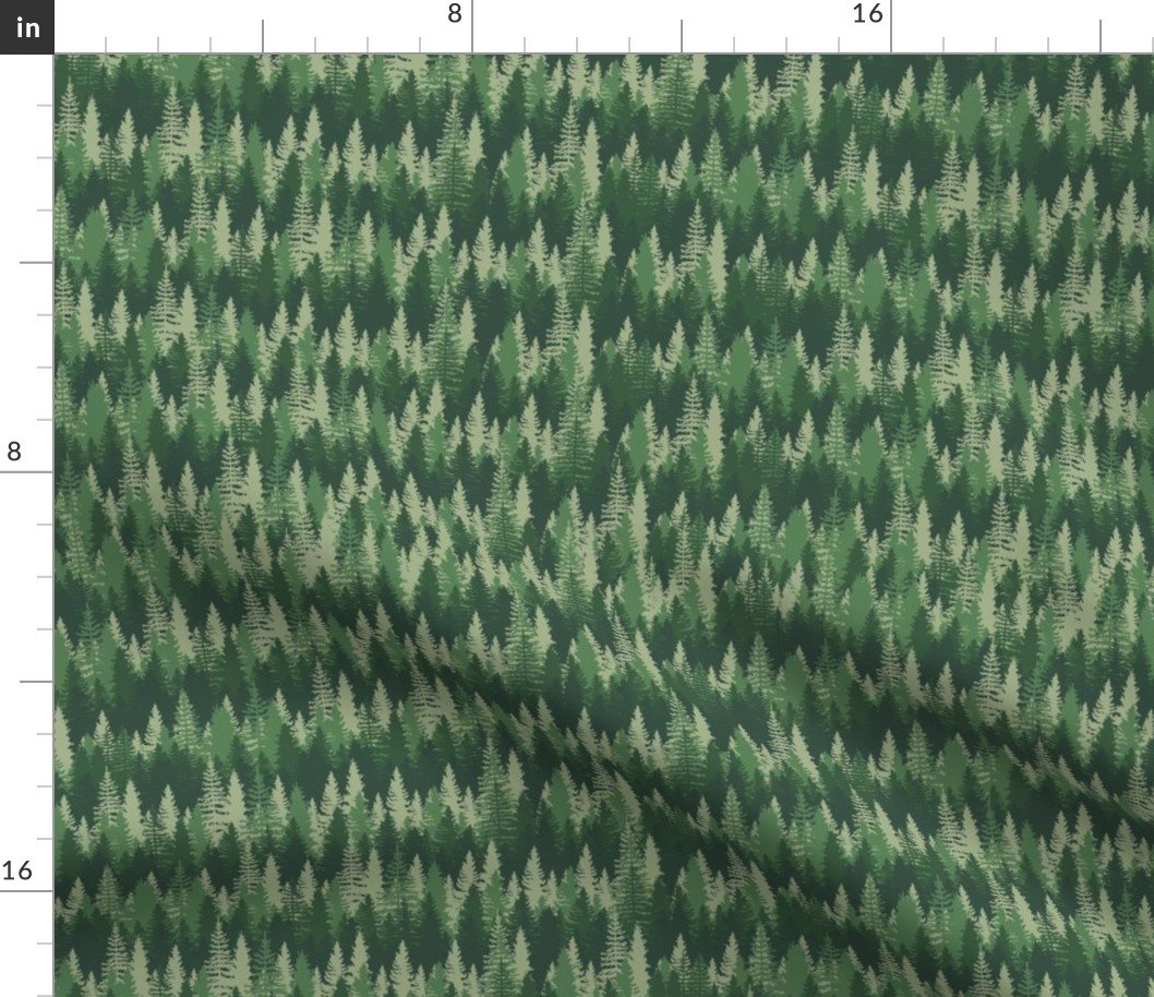 Small Endless Evergreen Forest with Fir Trees in Shades of Green Fabric