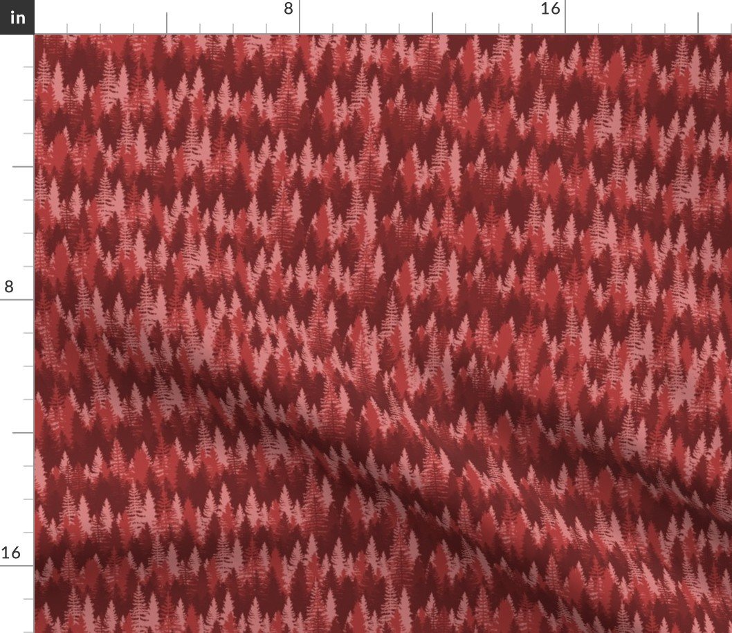 Small Endless Evergreen Forest with Fir Trees in Shades of Red Fabric