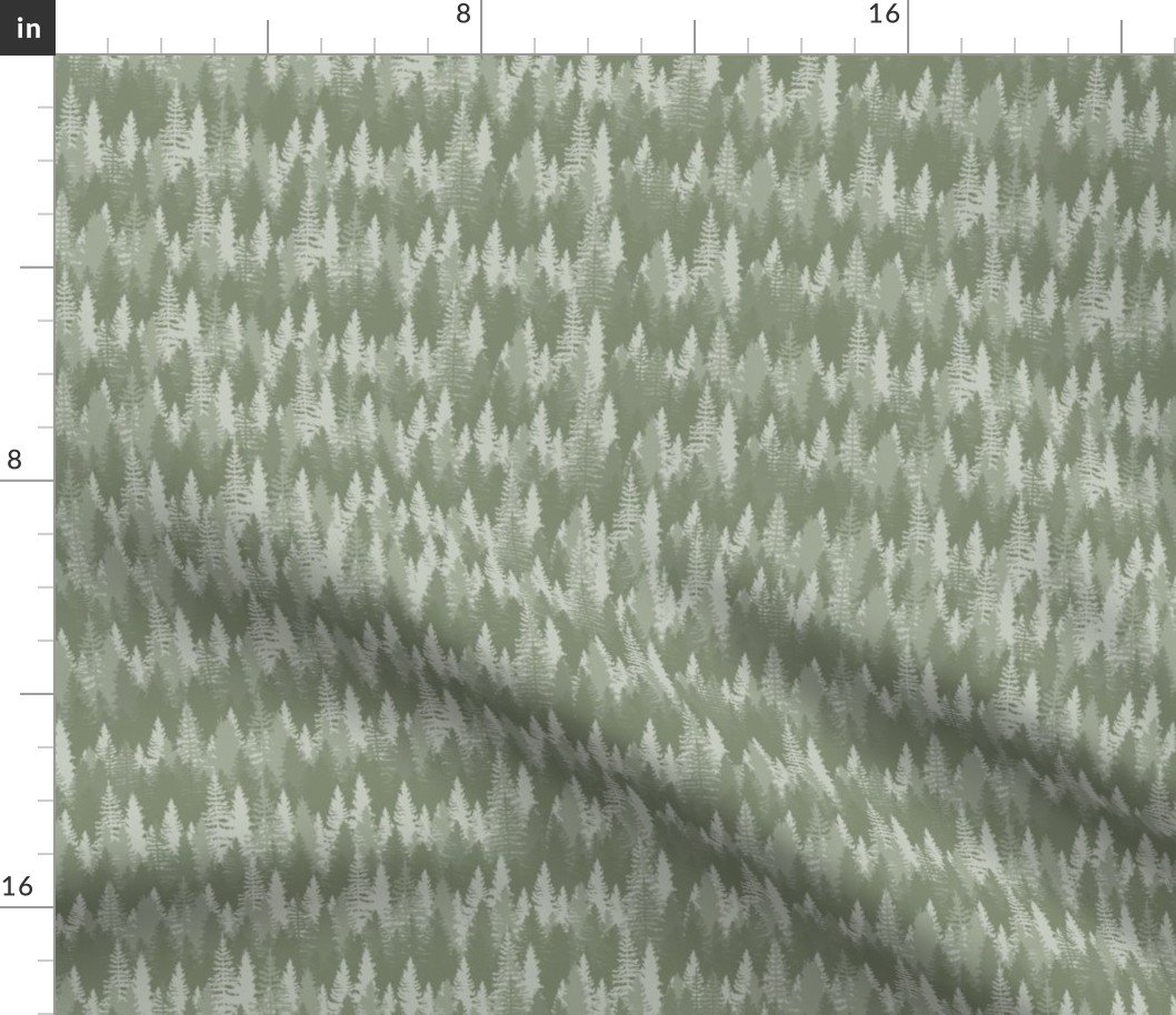 Small Endless Evergreen Forest with Fir Trees in Shades of Sage Green Fabric