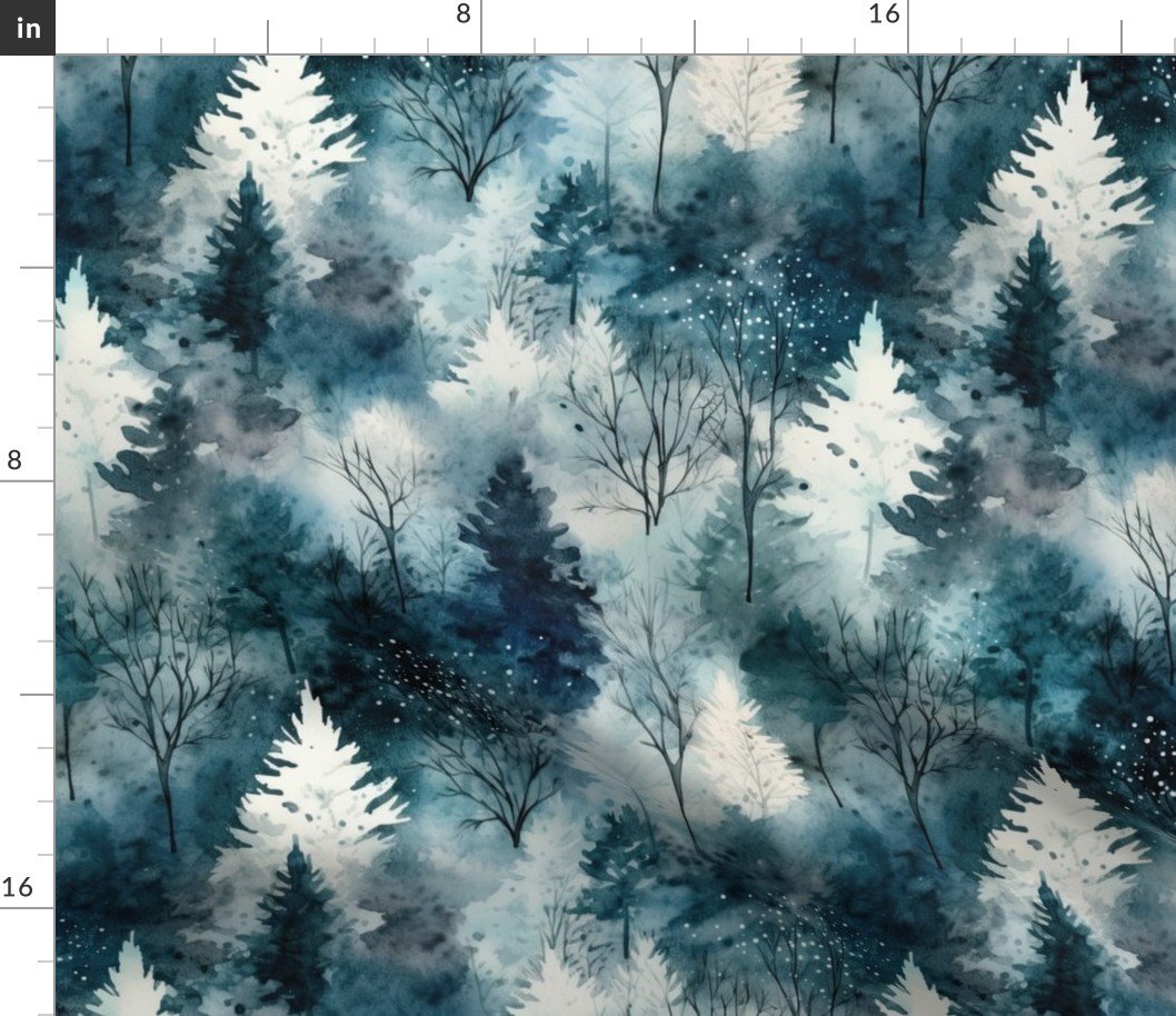 Small Endless Winter Tree Dreamscape Trees in Misty Forest Fabric