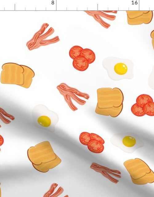 Small English Cooked Breakfast Bacon, Eggs, Tomato and Toast on White Fabric