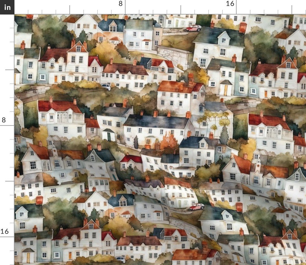 Small English Town Houses in Watercolor Fabric