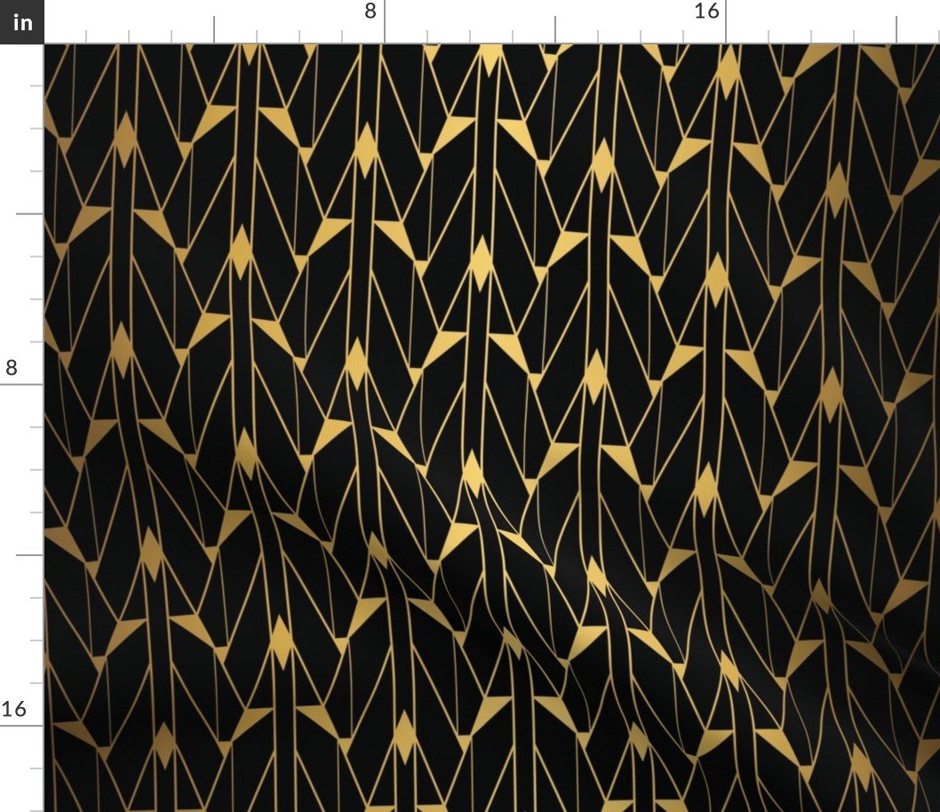 Small Faux foil gold and Black Retro Vintage Art Deco Geometric Open Triangle Pattern Fabric