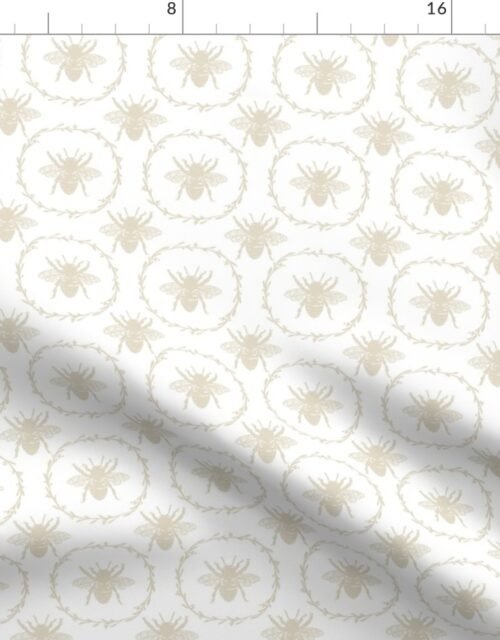 Small French Provincial Bees in Laurel Wreaths in Cream on White Fabric