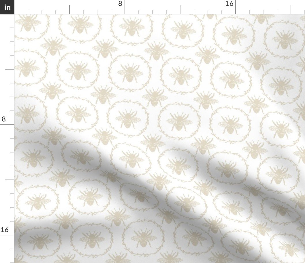 Small French Provincial Bees in Laurel Wreaths in Cream on White Fabric