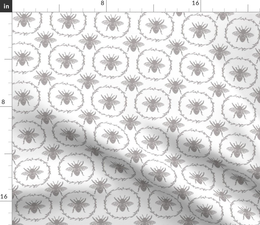 Small French Provincial Bees in Laurel Wreaths in Fawn on White Fabric