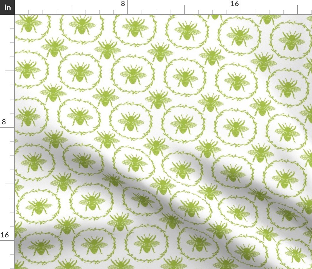 Small French Provincial Bees in Laurel Wreaths in Fresh Green on White Fabric Small French Provincial Bees in Laurel Wreaths in Fresh Green on White Fabric
