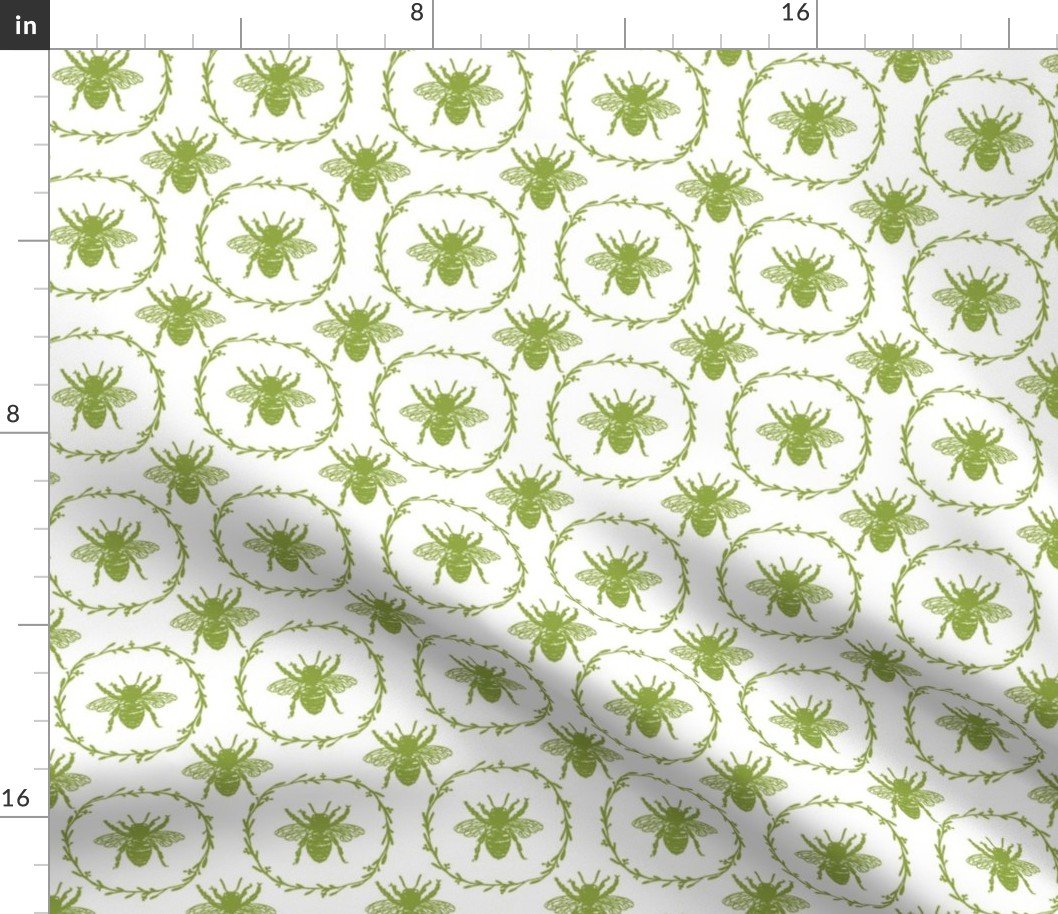 Small French Provincial Bees in Laurel Wreaths in Grass Green on White Fabric