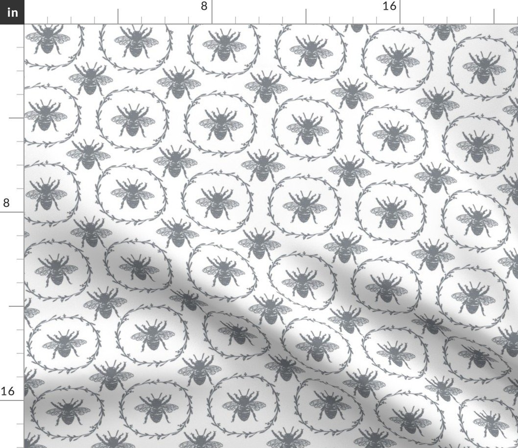 Small French Provincial Bees in Laurel Wreaths in Grey Blue on White Fabric Small French Provincial Bees in Laurel Wreaths in Grey Blue on White Fabric