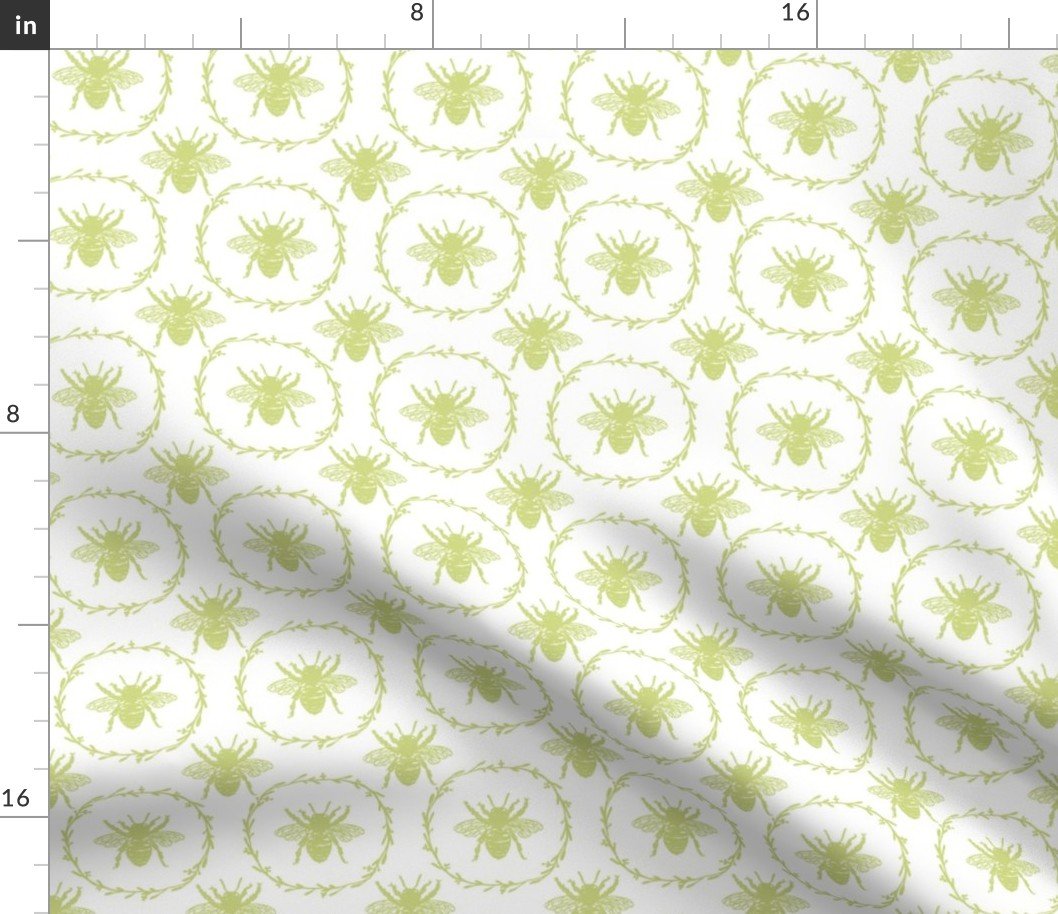 Small French Provincial Bees in Laurel Wreaths in New Green on White Fabric Small French Provincial Bees in Laurel Wreaths in New Green on White Fabric