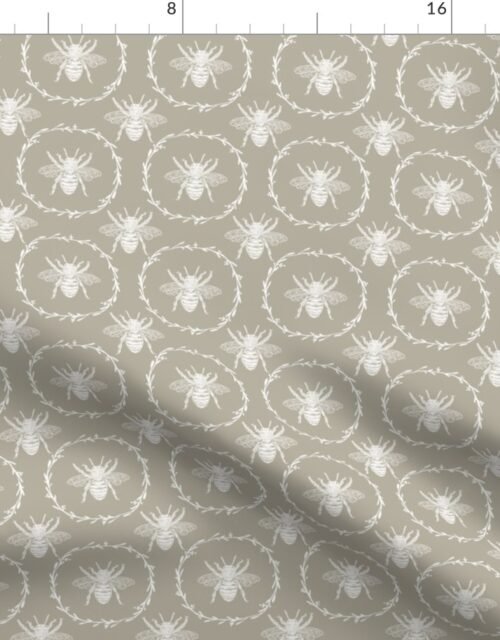 Small French Provincial Bees in Laurel Wreaths in White on Beige Fabric