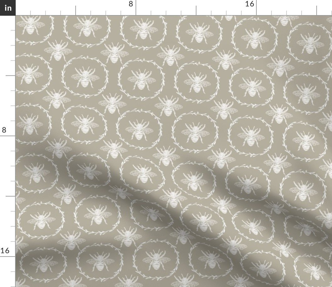 Small French Provincial Bees in Laurel Wreaths in White on Beige Fabric