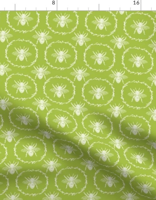 Small French Provincial Bees in Laurel Wreaths in White on Fresh Green Fabric