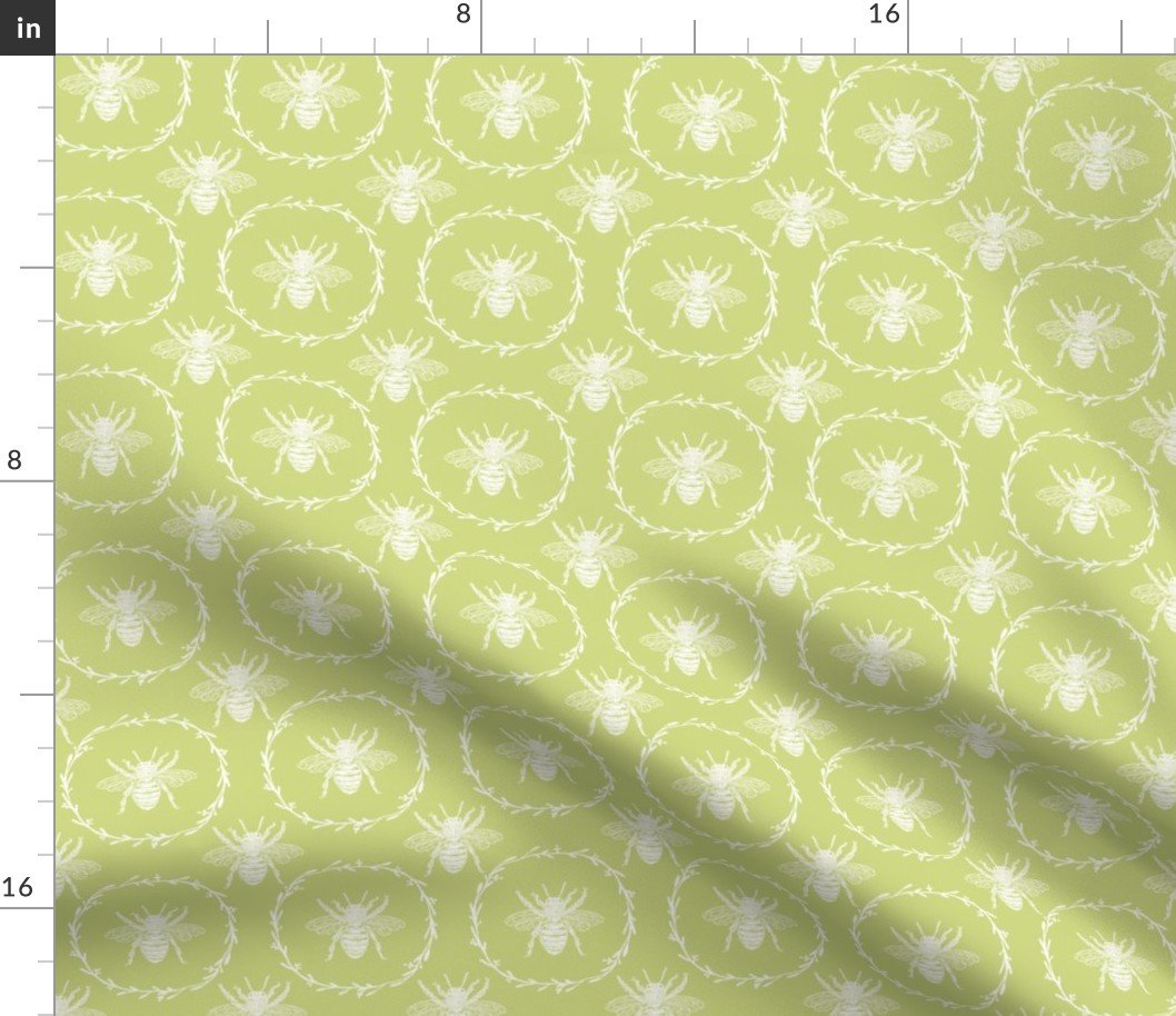 Small French Provincial Bees in Laurel Wreaths in White on New Green Fabric Small French Provincial Bees in Laurel Wreaths in White on New Green Fabric