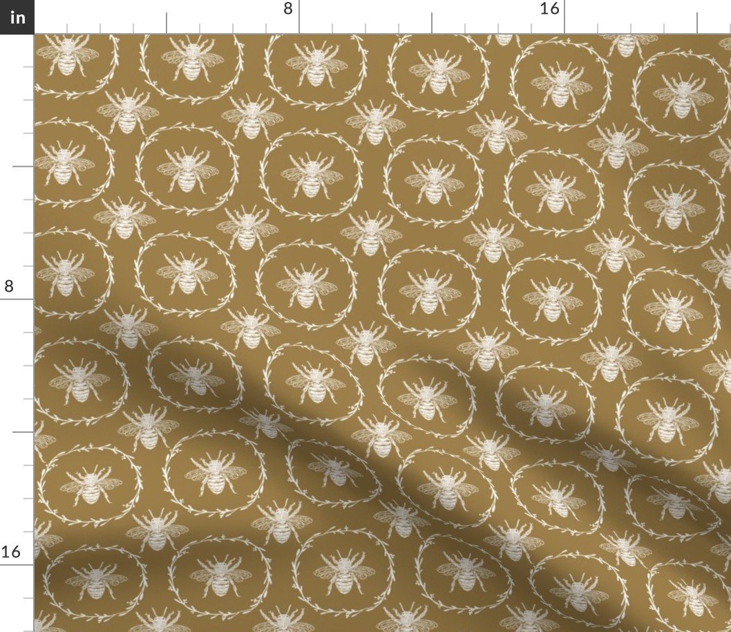 Small French Provincial Bees in Laurel Wreaths in White on Tan Fabric Small French Provincial Bees in Laurel Wreaths in White on Tan Fabric