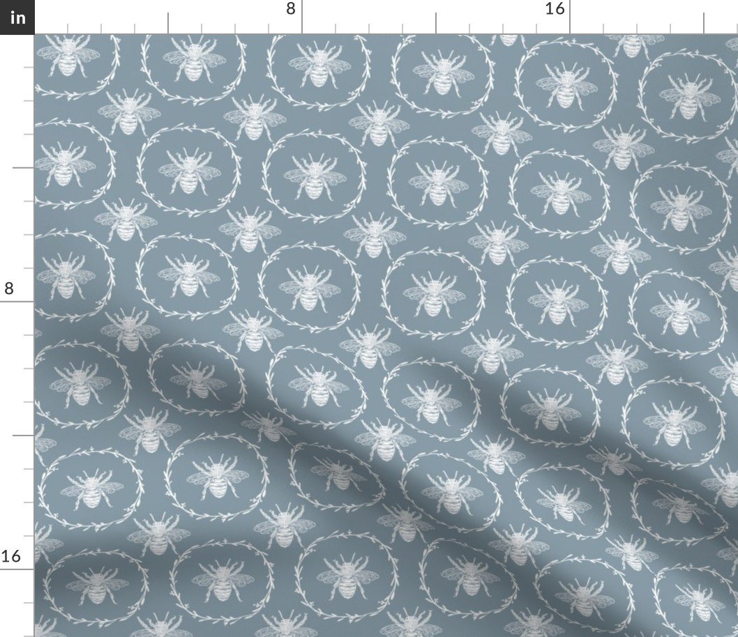 Small French Provincial Bees in Laurel Wreaths in White on Winter Blue Fabric Small French Provincial Bees in Laurel Wreaths in White on Winter Blue Fabric