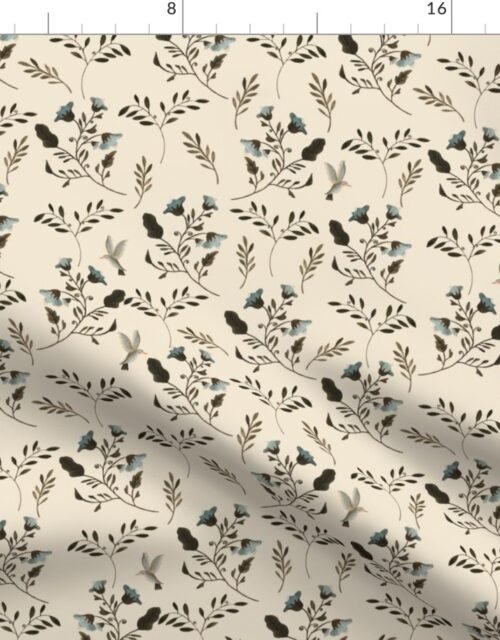 Small Handpainted Blue Bluebells and Bluebirds Floral Pattern Cream Fabric