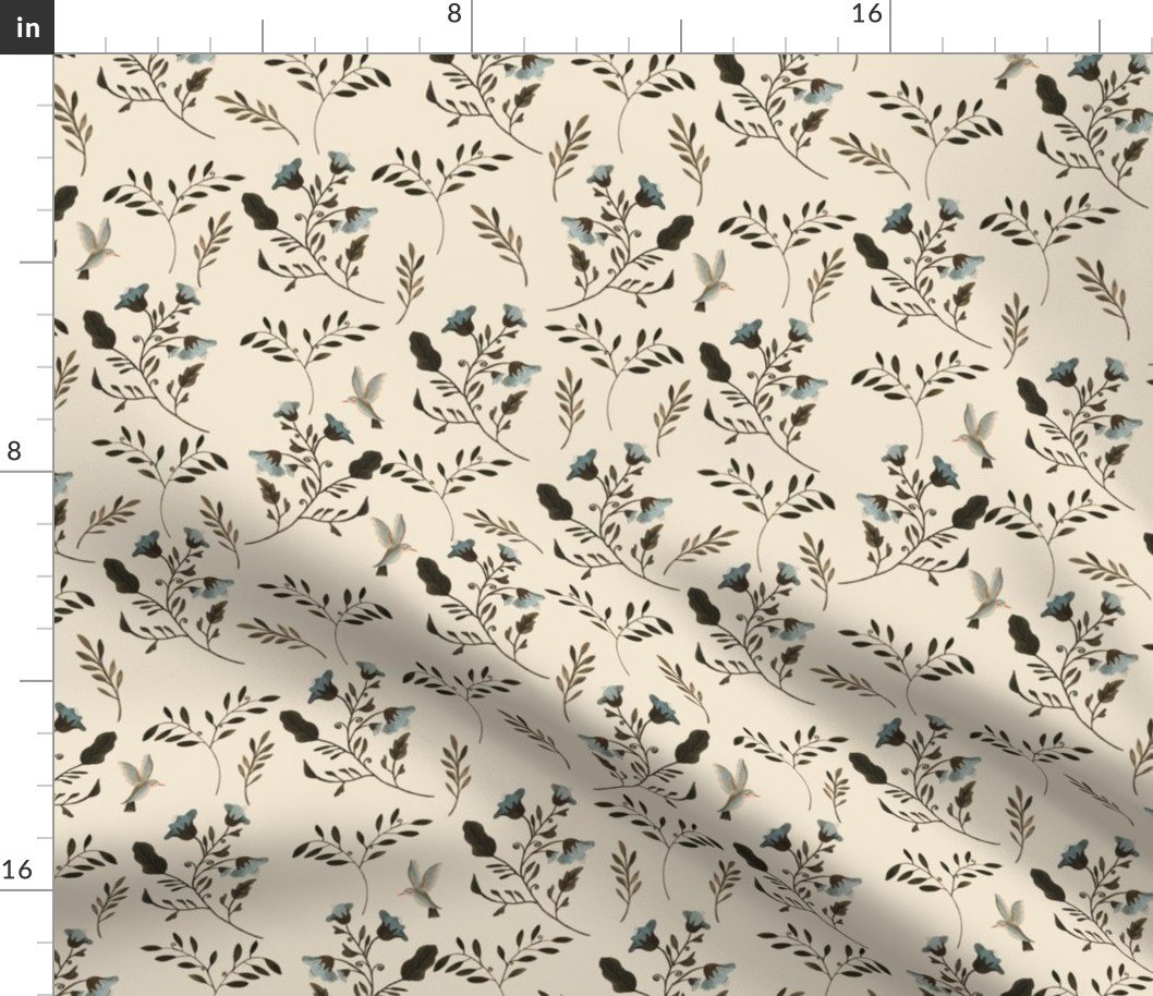 Small Handpainted Blue Bluebells and Bluebirds Floral Pattern Cream Fabric Small Handpainted Blue Bluebells and Bluebirds Floral Pattern Cream Fabric