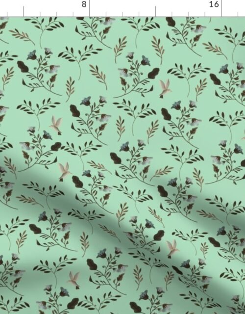 Small Handpainted Bluebells and Bluebirds Floral Pattern in Mint Fabric