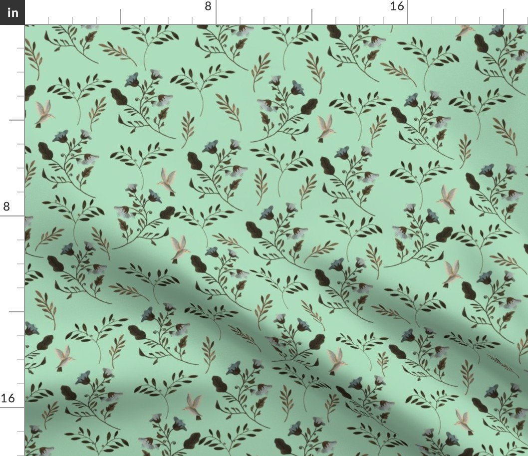 Small Handpainted Bluebells and Bluebirds Floral Pattern in Mint Fabric Small Handpainted Bluebells and Bluebirds Floral Pattern in Mint Fabric