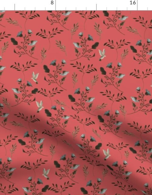 Small Handpainted Bluebells and Bluebirds on Rose Pink Fabric