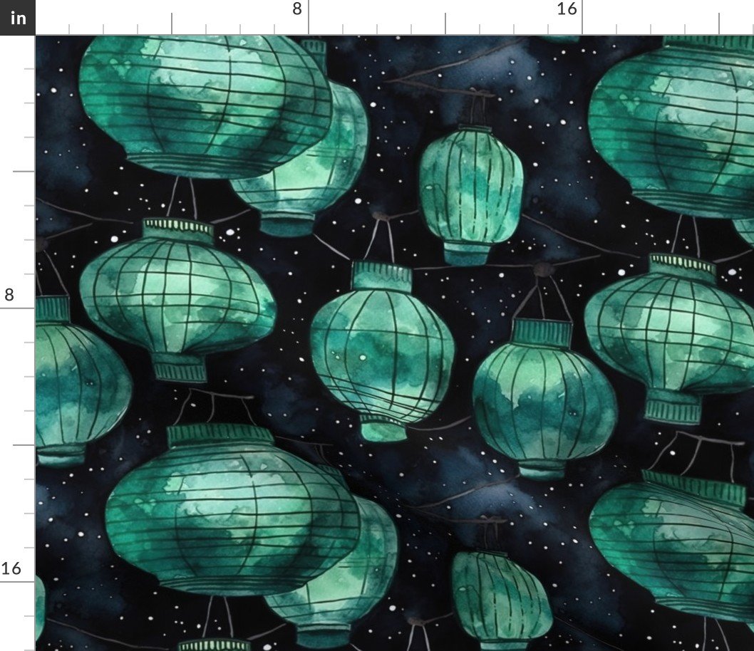 Small Jade Green Glowing Chinese Paper Lanterns Watercolor Fabric Small Jade Green Glowing Chinese Paper Lanterns Watercolor Fabric