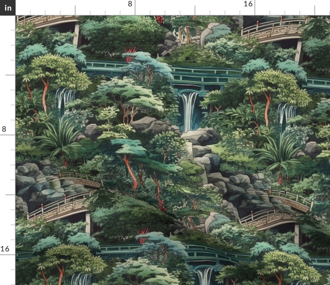 Small Japanese Water Garden with Bridges Fabric Small Japanese Water Garden with Bridges Fabric