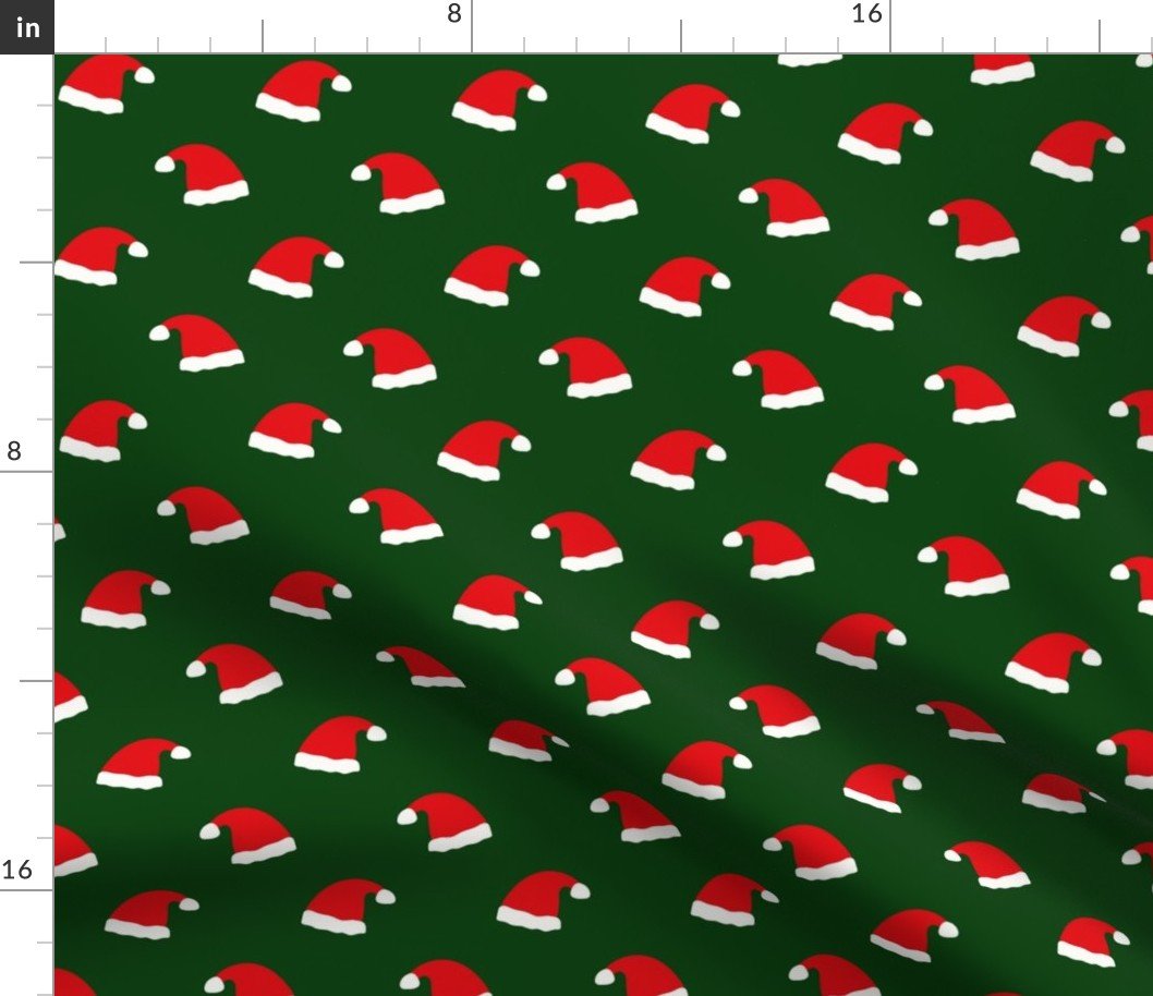 Small Jolly Old Saint Nick Red Santa Christmas Hats on Forest Green Fabric Small Jolly Old Saint Nick Red Santa Christmas Hats on Forest Green Fabric