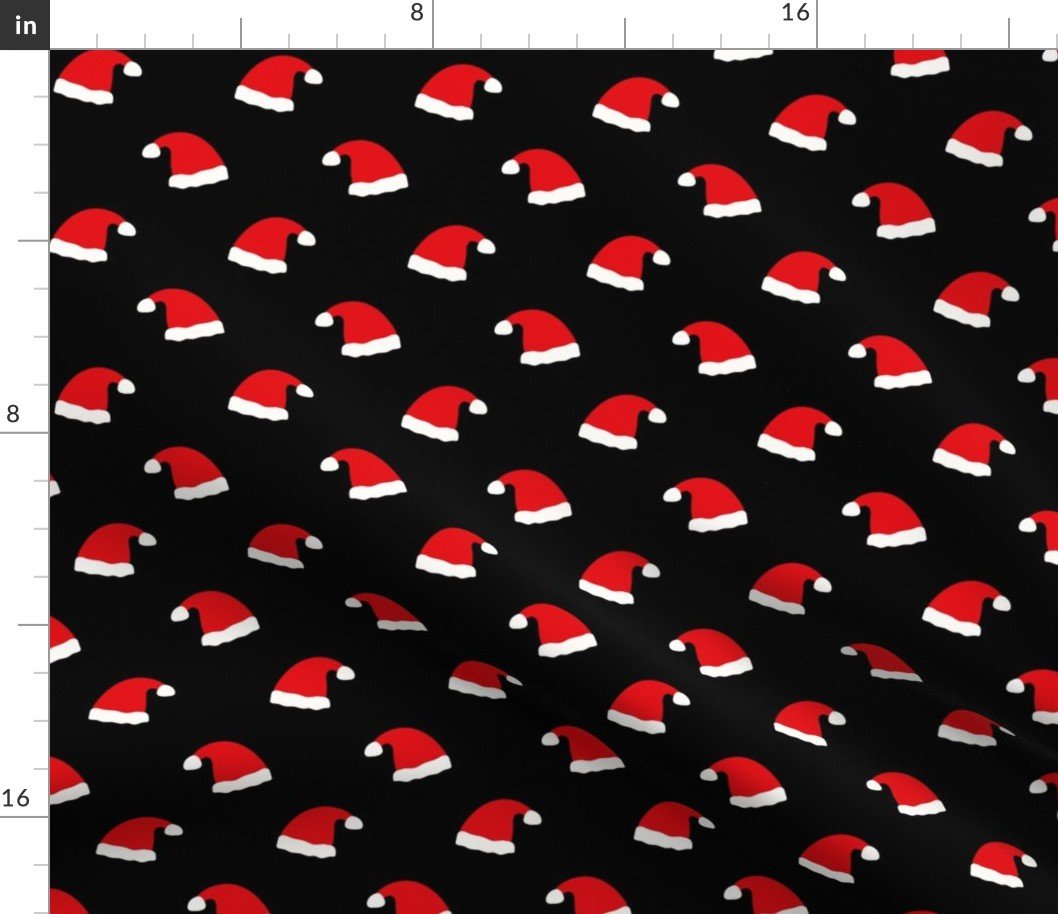 Small Jolly Old Saint Nick Red Santa Christmas Hats on Night Black Fabric Small Jolly Old Saint Nick Red Santa Christmas Hats on Night Black Fabric