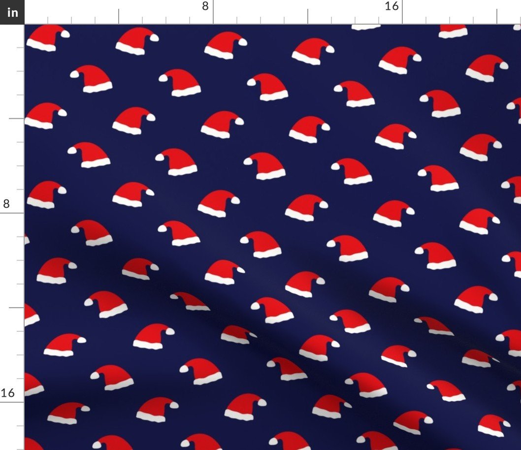 Small Jolly Old Saint Nick Red Santa Christmas Hats on Midnight Blue Fabric Small Jolly Old Saint Nick Red Santa Christmas Hats on Midnight Blue Fabric