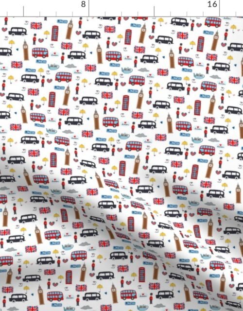 Small London England Handdrawn Motifs Big Ben, Union Jack, Palace Guard, Teatime, Black Cabs on White Fabric