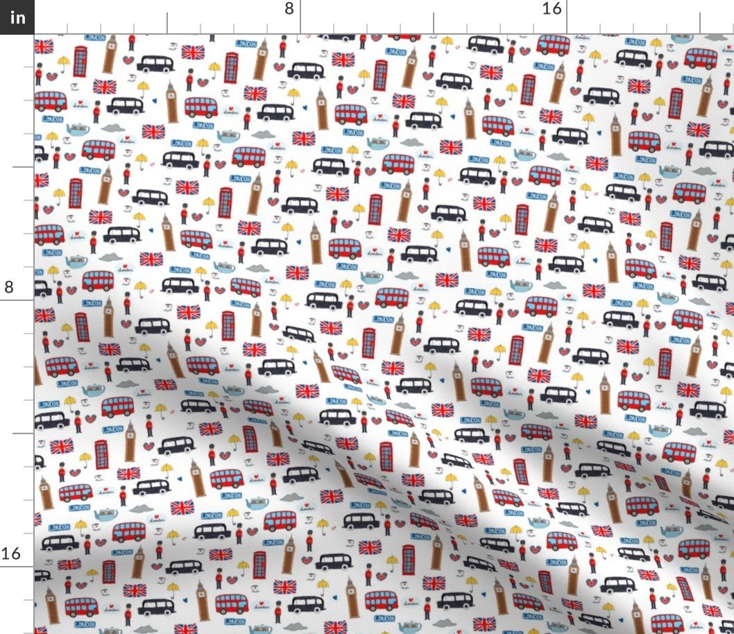 Small London England Handdrawn Motifs Big Ben, Union Jack, Palace Guard, Teatime, Black Cabs on White Fabric