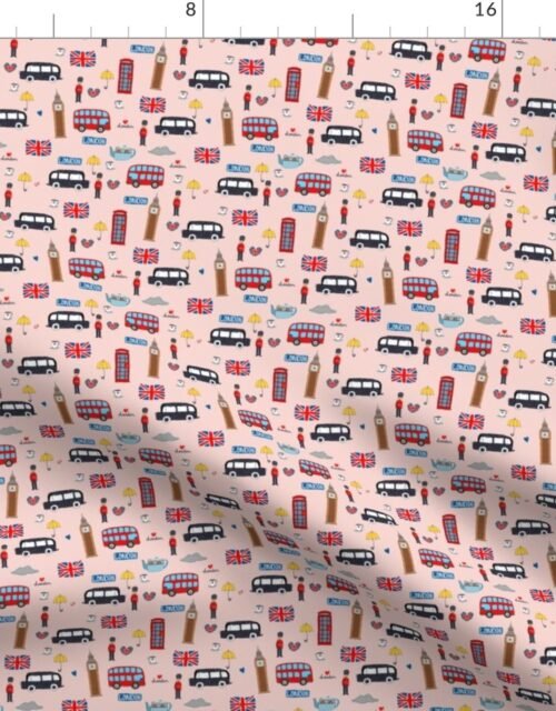 Small London England Handdrawn Motifs Big Ben, Union Jack, Palace Guard, Teatime, Black Cabs on  Pink Fabric