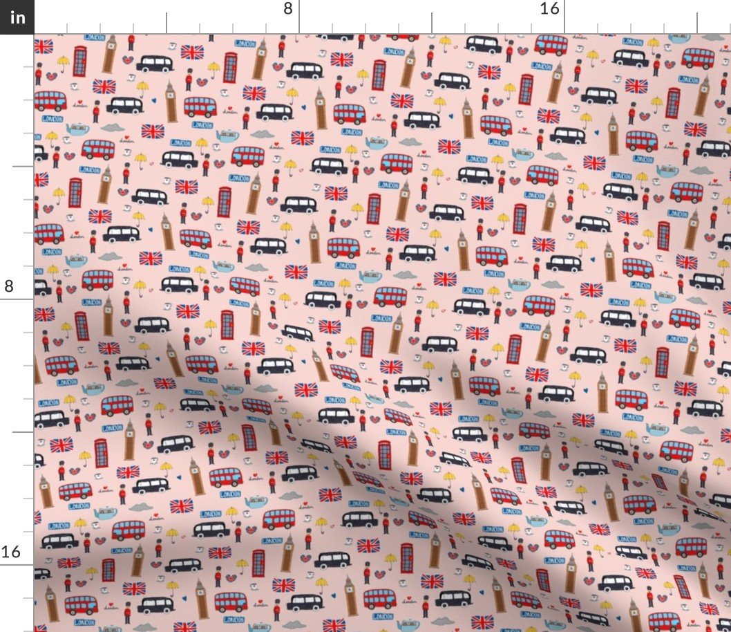 Small London England Handdrawn Motifs Big Ben, Union Jack, Palace Guard, Teatime, Black Cabs on Pink Fabric Small London England Handdrawn Motifs Big Ben, Union Jack, Palace Guard, Teatime, Black Cabs on Pink Fabric