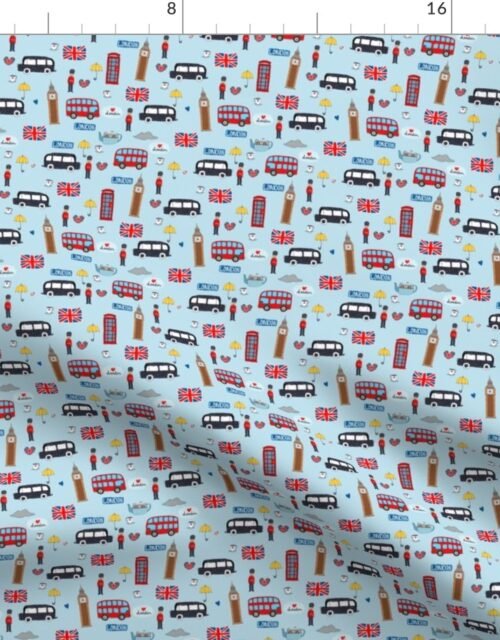 Small London England Handdrawn Motifs Big Ben, Union Jack, Palace Guard, Teatime, Brollies on Blue Fabric