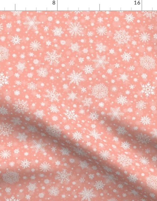 Small Merry Bright Peach and White Splattered Snowflakes Fabric