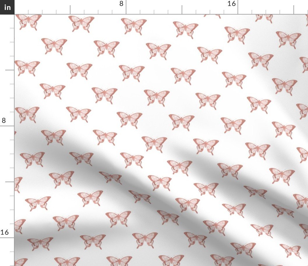 Small Metallic Rose Gold Foil Butterflies on White Fabric Small Metallic Rose Gold Foil Butterflies on White Fabric