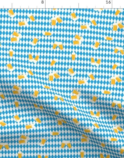 Small Mugs of Beer on Bavarian Blue Background Fabric