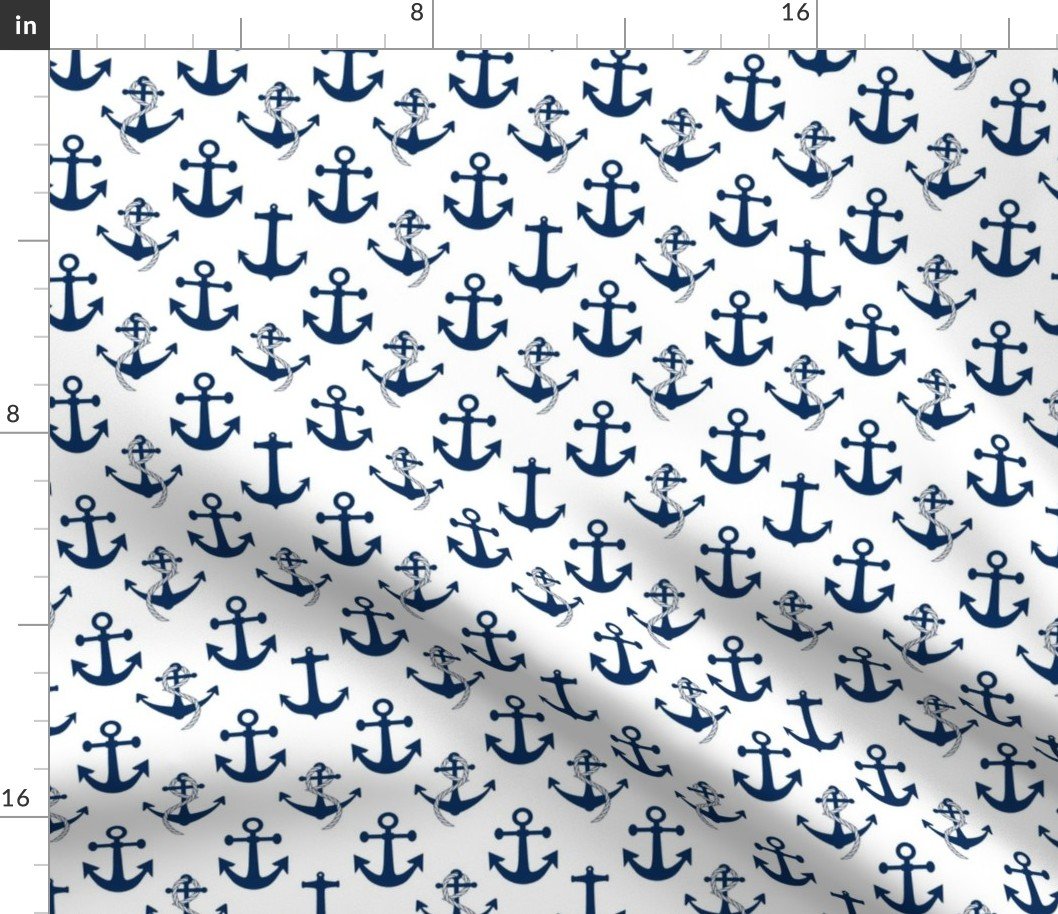 Small Nautical Blue Sailing Boat Anchors on White Fabric Small Nautical Blue Sailing Boat Anchors on White Fabric