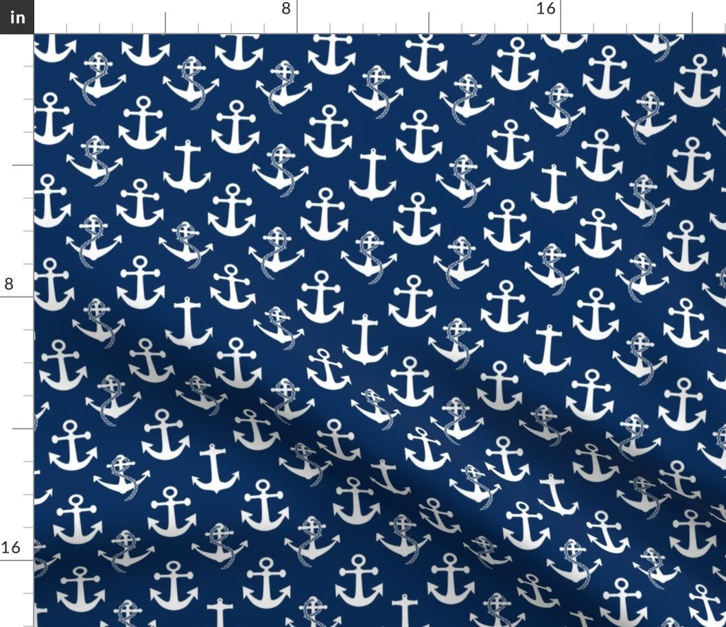 Small Nautical White Sailing Boat Anchors on Blue Fabric Small Nautical White Sailing Boat Anchors on Blue Fabric