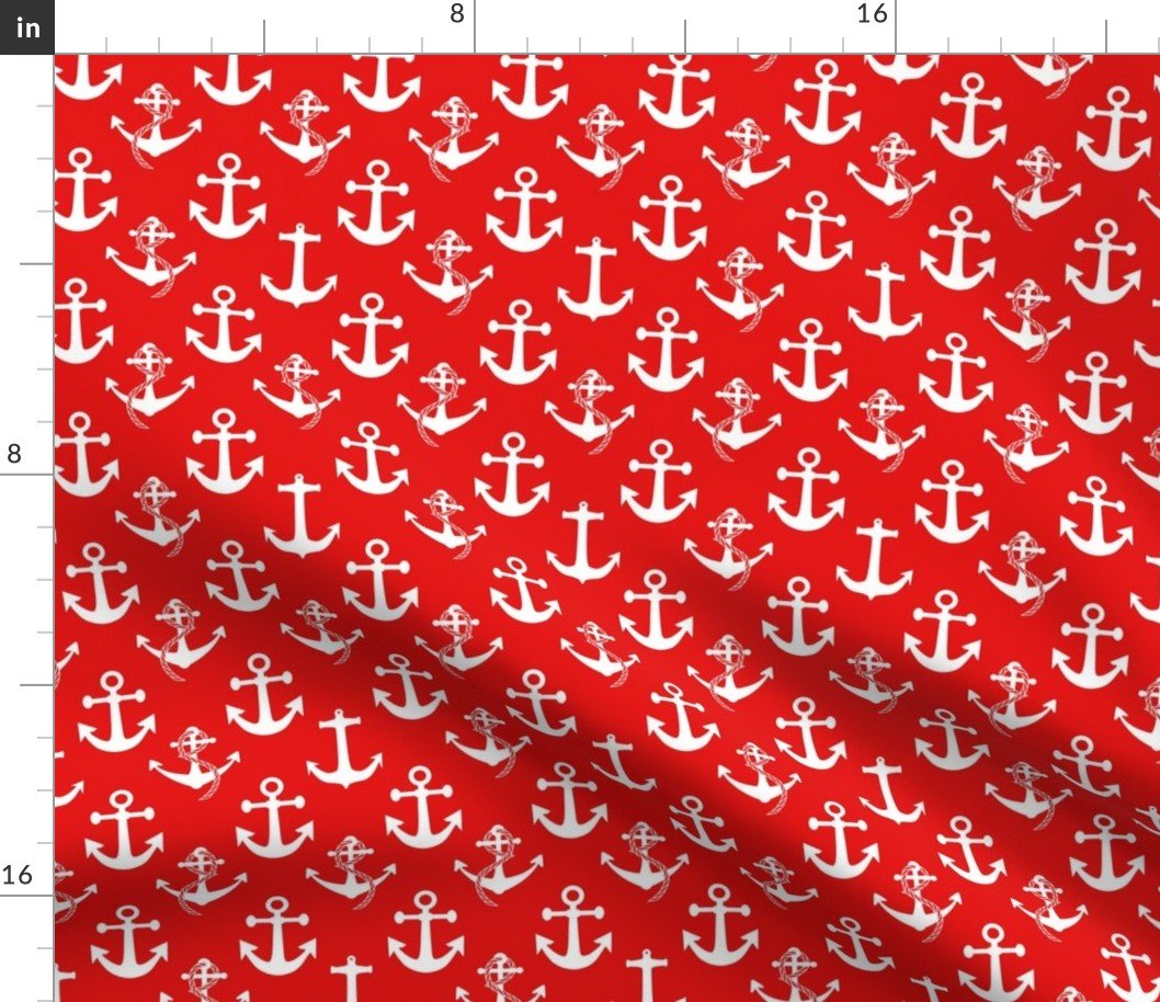 Small Nautical White Sailing Boat Anchors on Red Fabric Small Nautical White Sailing Boat Anchors on Red Fabric